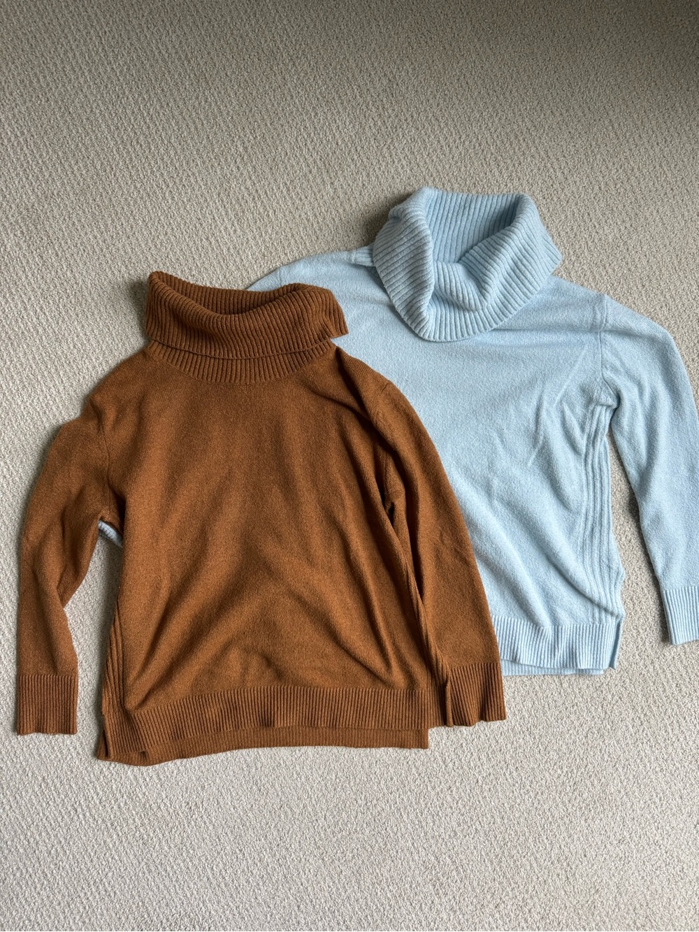 SO Cowlneck Sweaters in Camel Brown and Light Blue